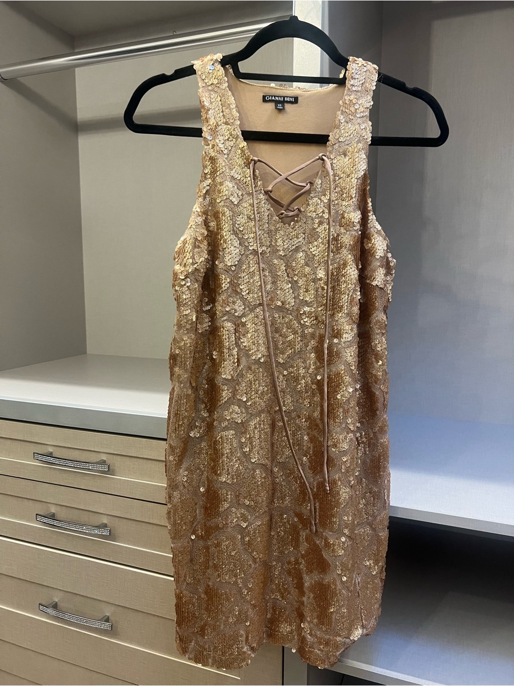 GIANI BINI Gold Sequin Lace-Up Mini Dress